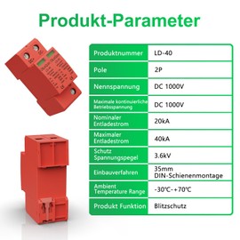 CNLonQcom DC Surge Protection PV System DC1000V 40kA 2P T2 Surge Protector for Solar Photovoltaic 35 mm DIN Rail Mounting