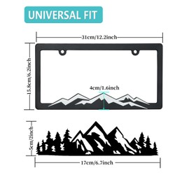 NJNYLLC Mountain License Plate Frames - Plastic Car Tag Holders with Raised Mountain Design, White on Black, 2 Pack 2 Hole with Screws & Caps, Mountain Vinyl Sticker Included