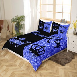 Homemissing Black and Dark Blue Crown Queen and King Duvet Cover Double Size for Adults Couple Men Women,Valentine'S Day Wedding Gifts,His and Hers Quilt Cover 2 Pillowcases Bedroom Decor(No Glitter)