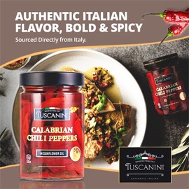 Tuscanini Italian Whole Calabrian Chili Peppers In Oil, 9.2oz (2 Pack) | Beautifully Red and Long Peppers | Nothing Artificial | Product of Italy | Kosher