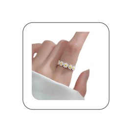 Vacaonio Boho Daisy Flower Open Ring Adjustable Silver Enamel Daisy Cuff Ring White Flower Wrap Ring Tiny Sunflower Finger Ring Silver Open Statement Ring Jewelry for Women