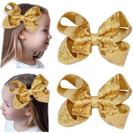 2 PCS 6 Inches Gold Sequins Large Bows Alligator Hair Clip Hair Barrettes Accessories for Women Teens Girls Kids (Gold)