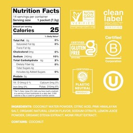 Mezcla de hidratación para curar  Polvo de electrolito orgánico  Sin azúcar añadida  Paleo Friendly  Hecho con agua de coco  Paquete de 14 (Lemon)    