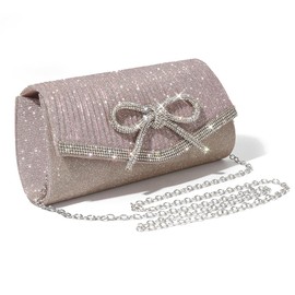 ALUSBELL Elegant Sparkly Bow Evening Bag for Women Glitter Rhinestones Clutch Purses Handbag for Wedding Party Prom Dressy,Purple Pink