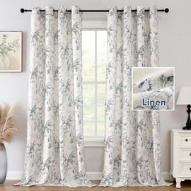H.VERSAILTEX Boho Floral Linen Curtains 108 inch Length 2 Panels Set, Extra Long Privacy Semi Sheer Light Filtering Grommet Farmhouse Vintage Curtain, Print Pattern Drapes for Living Room, Blue