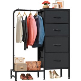 HIGDBFE HIGDBFE Dresser with Hanging Rack, 4 Drawers Small Dresser for Bedroom, Reversible Fabric Kids Chest of Drawers for Closet with Clothes Rack, Tall Storage Tower, Sturdy Frame, Black, 44'H