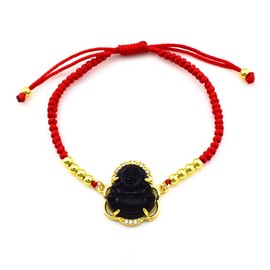 COLORFUL BLING Lucky Laughing Buddha Charm Pendant Charm Bracelet Jade Natural Stone Red Braid String Thread Rope Crystal CZ Zirconia for Women Men Gemstone Amulet Protection Jewelry-Black