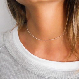 Annika Bella Sterling Silver Satellite Chain Necklace, Length 13-16 Inches, Minimalist Layering Chokers, Waterproof, 925 Silver Jewelry for Women, Adjustable Short Necklaces (Ball Satellite Chain)