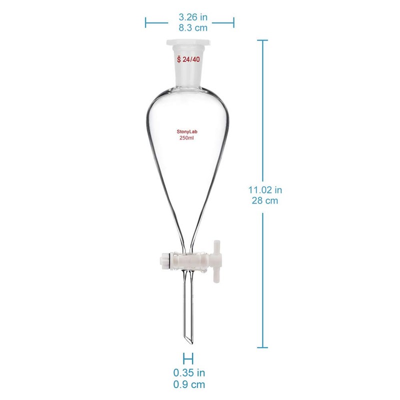 StonyLab Borosilicate Glass 250ml Heavy Wall Conical Separatory Funnel with