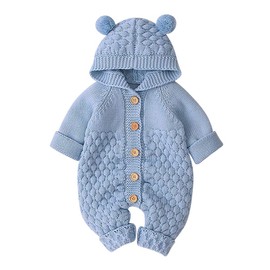 Odizli Newborn Baby Girls Boys Clothing Long Sleeve Knitted Hooded Romper Bodysuit Autumn Winter Baby Clothing, lightblue