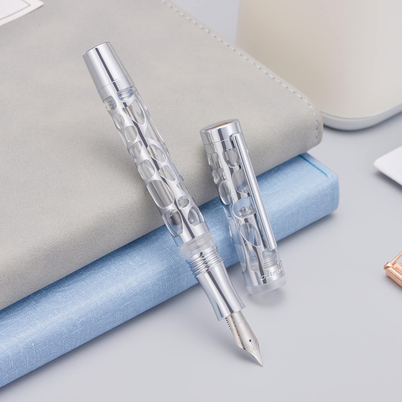 Asvine V169 Medium Nib Fountain Pen Waterdrop Skeleton Transparent Clear