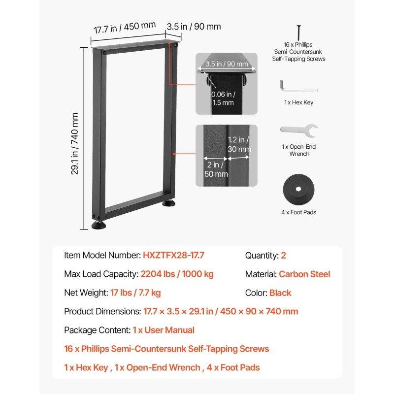 29.1\" H X 17.7\" W Heavy Duty Home Furniture Legs