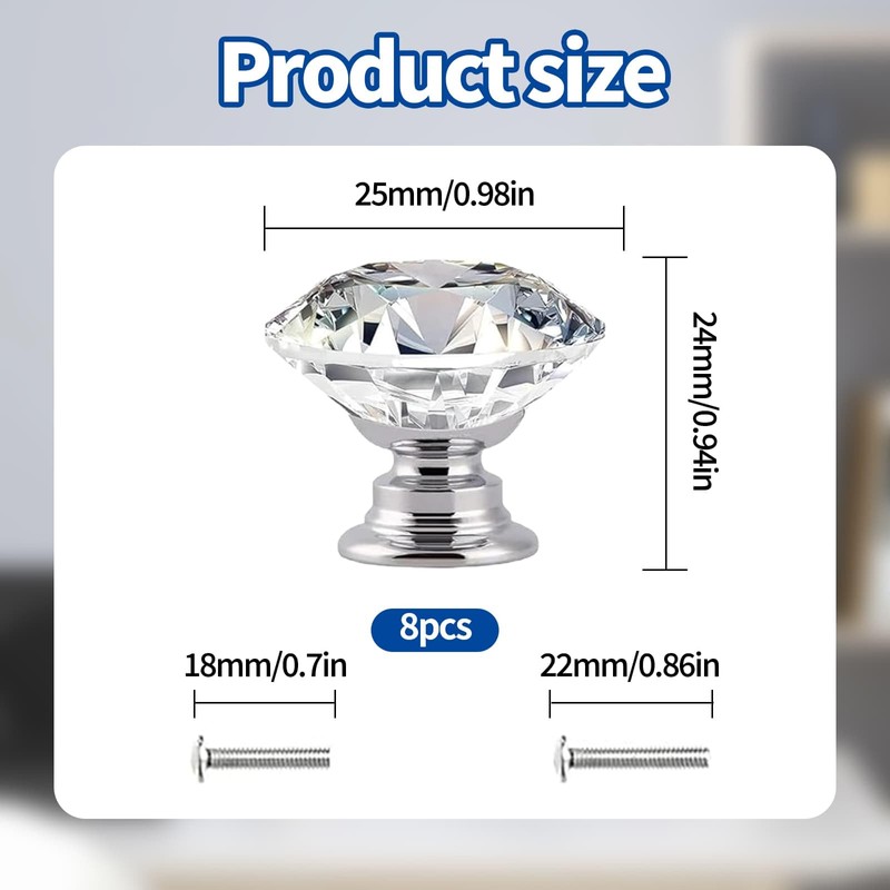 Eidoct 8 Pcs Clear Crystal Door Knobs, 30mm Drawer Handles,