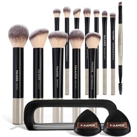 MAANGE Set de Brochas de Maquillaje con Fundas de Aluminio y Esponja de Polvos,13Pcs Brochas para Maquillaje de Alta Calidad Sintético,Multifuncional para Base,Sombra de Ojos y Polvos(Negro)