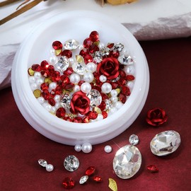 Chunmeng 3D Rose Metal Aluminum Flower Nail Rhinestones Shiny Nail Gems Diamonds Red Rose Nail Art Charms Pearl Nail Jewelry for Acrylic Nails DIY Flower Nail Charms
