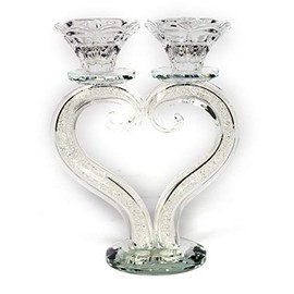 Clear Crystal Heart Shaped Candle Holder Two Taper Candles Shiny Beads in Stem 7" High