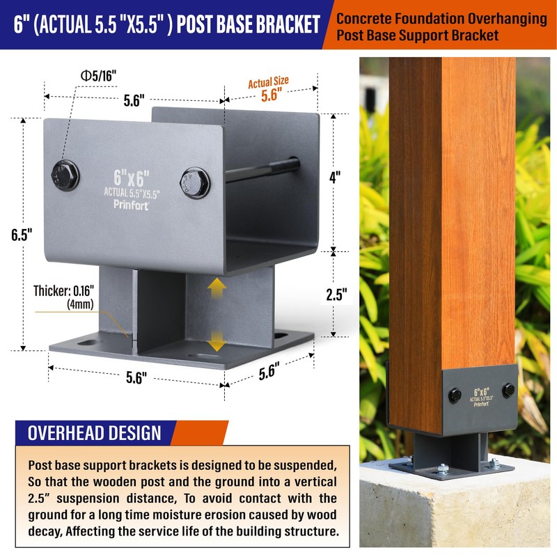 Stainless Steel 6"x6"(Actual 5.5"x5.5") Post Base Bracket Concrete U-Shape, Dry