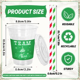 JarThenaAMCS 50 Pcs 12oz Christmas Plastic Cups with Lids and Straws Red Green Team Naughty or Nice Xmas Disposable Party Cups for Beverages Drinks Holiday Party Supplies
