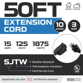 Iron Forge Cable 50 Foot Outdoor Extension Cord - 10/3 SJTW Black 10 Gauge Extension Cable with 3 Prong Grounded Plug for Safety, 15 AMP - Great for Garden and Major Appliances
