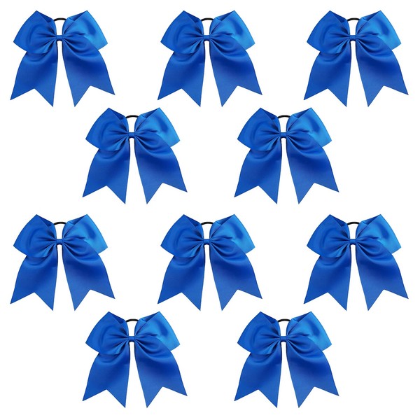 7" Jumbo Cheer Bow Big Hair Bows with Ponytail Holder Large Classic Accessories for Teens Women Girls Softball Cheerleader Sports Elastics Ties Handmade by Kenz Laurenz (10 pack 7" Cheer Bow Blue)