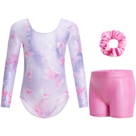 Gogokids Girls' 3-Piece Gymnastics Leotards, Long-Sleeved Gymnastics Set with Shorts and Headband, Glittering Ballet Uniform Jerseys - Gymnastics Outfit with Colour Gradient Design for 3-12 Years,