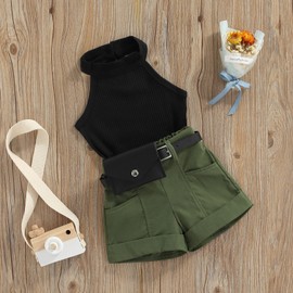 Honganda Fashion Toddler Baby Girl Summer Outfits Sleeveless Halter Ribbed Tank Tops and Shorts with Belt 2Pcs Clothes Set (Black, 3-4 Years)