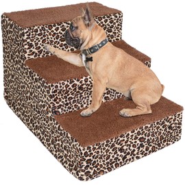 yofit Doggy Steps - Non-Slip 3 Steps Pet Stairs for Cats and Dogs, Foldable Plastic with Washable Carpet Holds Up to 50 lbs (Leopard)