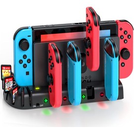 Switch & Switch 有機EL ジョイコン 充電スタンド Switchドックと一体型 KDD Joy Con 充電 ホルダー 4台同時充電 ジョイコン右/左 急速充電器 LED充電指示ランプ付き ゲームカード収納
