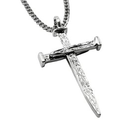 FORGIVEN JEWELRY Nail Cross Large Rhodium Silver Metal Finish Mens Pendant Stainless Steel Curb Chain Necklace