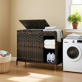 Gitelsnour Laundry Hamper with Lid, 130L Rattan Laundry Hamper 3 Section with 3-Tier Storage Shelf (50L), Wicker Woven Laundry Sorter Basket with 4 Removable Liner Bags and Handles, Brown GLH003BR