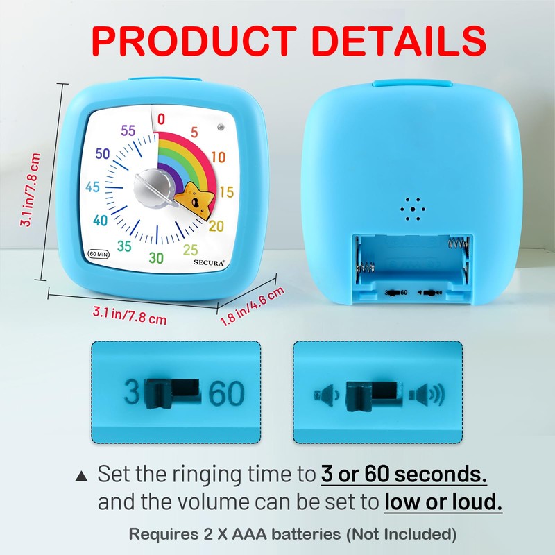 Secura 60-Minute Visual Timer, Silent Study Timer for Kids and