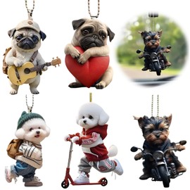 Cute Cat Car Hanging Ornament, 5Pcs Swing Kitten with Lanyard Rearview Mirror Pendant Decoration, Acrylic Funny Kitty Car Interior Charms Accessories Keyring Keychains Backpack Decoration (5, Dog)