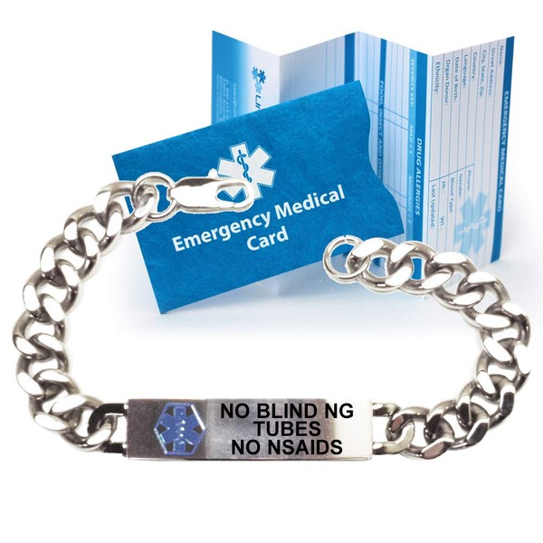Pre-Engraved"No Blind NG Tube No NSAIDs" Traditional Stainless Steel Medical ID Bracelets for Men