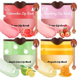 Set De 4 Bálsamos Labiales Con Miel, Mascarilla Y Exfoliante Labial. Mascarilla Labial De Miel, Fresa, Sandía, Manzana Y Lima Para La Noche....       