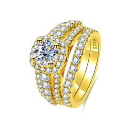 Idocare All Moissanite Wedding Rings Bridal Set for Women Main Stone 1ct D Color 14K Yellow Gold Plated 925 Sterling Silver size 5