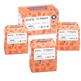 Pura Size 7 Eco-Friendly Diapers (33+lbs) Hypoallergenic, Soft Organic Cotton, Sustainable, up to 12 Hours Leak Protection, Allergy UK, Recyclable Paper Packaging, 3 Packs of 17 (51 Diapers)