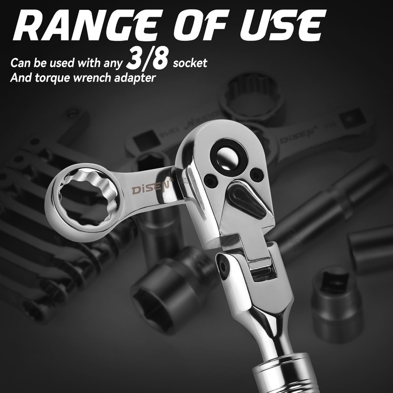 DISEN 3/8" Drive Extendable Flex-Head Ratchet,72-Tooth, Quick Release, Father's Day