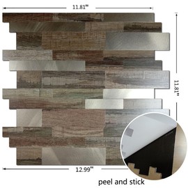 XUANINY Peel and Stick Metal Backsplash Tiles, Self Adhesive Aluminum 3D Wall Sticker, Wall Panels for Kitchen Bathroom, Bedroom, Living Room(11.81"x11.81") (Dark Wooden Grey+Frosted Champagne, 10)
