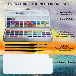 72 Color Watercolor Painting Set with Brush for Beginners, Artists, and Art Students Portable Art Supplies Metallic Water color Paint Set