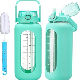 WINSA Water bottle 64oz Glass Water Bottle with Straw and Handle Lid Half Gallon Motivational Glass Bottle with Silicone Sleeve and Time Marker Large Reusable Sports Water Jug for Gym Home Workout:_Green