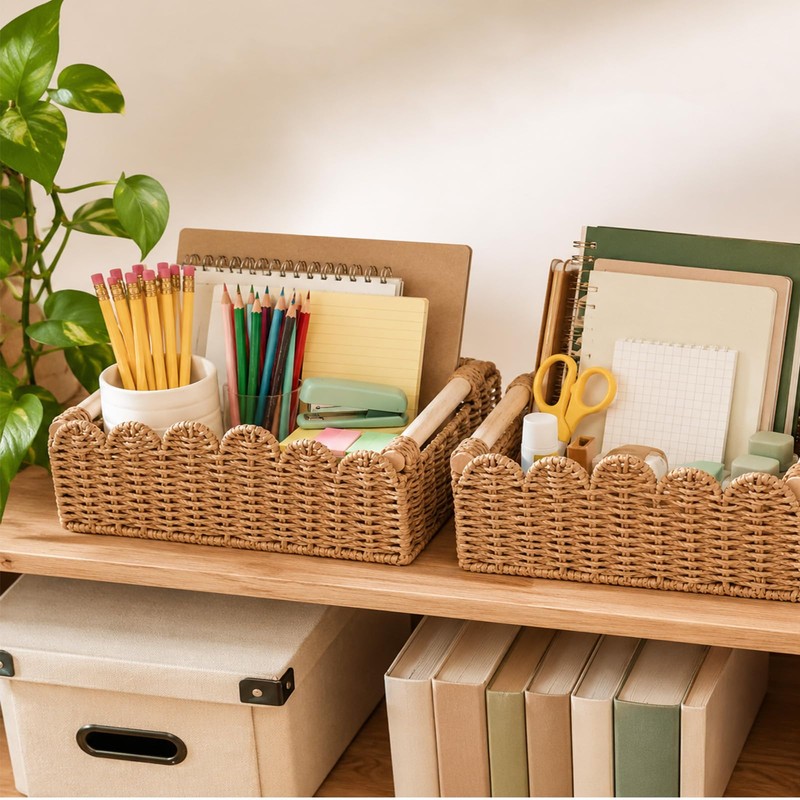 2PCS Bathroom Basket Organizer with Handle, Scalloped Basket, 14.4×6.4×4In