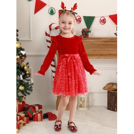 Patgoal Toddler Girls Tutu Dresses Velvet Tulle Dress with Sequin Long Sleeve Holiday Party Fall Winter Dress 2-7Y