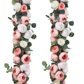 Floweroyal - Paquete de 2 guirnaldas de flores artificiales de 11.2 pies de eucalipto con flores, 8 cabezas de peonía, flores de vid de imitación para boda, arco de mesa, telón de fondo de pared, decoración de corona. (Rosa y Blanco)