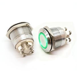 FILN Moment Push Button 19 mm IP67 Stainless Steel Waterproof 16 A 12-24 V AC/DC Screw Terminals with Green LED Industrial-Safe Button for Electrical Devices and Machine Control