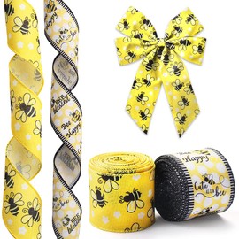 Hying 2 Rolls Spring Bee Ribbons Wired for Wreath Bows Wrapping Gifts, Bumblebees Ribbon for Gift Wrapping Birthday Party Decoration DIY Crafts, 2.5" X 10 Yards Yellow Black Stripe Wired Edge Ribbon