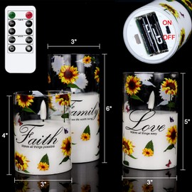 DRomance Sunflower Glass Flameless Candles with Remote Timer Battery Operated LED Pillar Candles Real Wax 3D Wick Flickering Warm Light Wedding Dinner Holiday Spring Candles 3 x 4,5,6 Inches