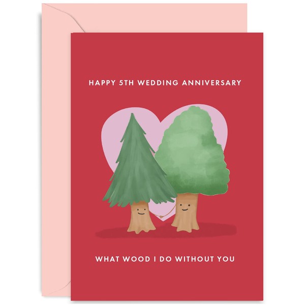 Old English Co. Happy 5th Anniversary Card - Wood Anniversary Greeting Card - Funny 5th Anniversary Card for Husband or Wife - Wood Wedding Anniversary Card for Couple | Blank Inside with Envelope