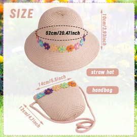 Strohhut und Kleine Tasche Set, Mädchen Kinder Sommer Sonnenhut Sonnenhüte mit Blumendekoration für den Urlaub Reise Outdoor-Aktivitäten Reisehut (DE/NL/SE/PL, Alphanumerisch, Einheitsgröße, beige)