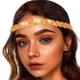 Elastic Head Chain, Shiny Rhinestone Headband, Women's Headband, Vintage Metal Hair Band, Elegant Head Chain for Women (Orange, 45.5 cm)