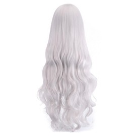 Cosplay Silver White Wig, Long Curly Waves, Heat Resistant Wig, Versatile Type, Angled Bangs, Fluffy, Costume, Event Wig Net Included